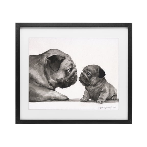 Stupell Industries Pug And Her Puppy Black Framed Print Under Glass, design by George Dyachenko