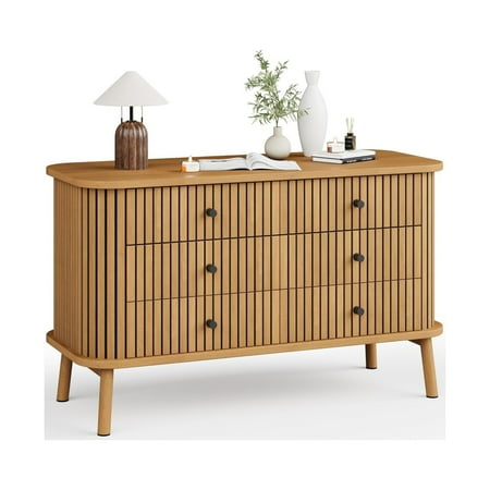 Home 6 Drawer Dresser Horizontal Chests of Double Drawers for Bedroom Mid Century Dresser with Black Handles and Wooden Legs Storage Drawer Organizer for Closet Hallway Entryway
