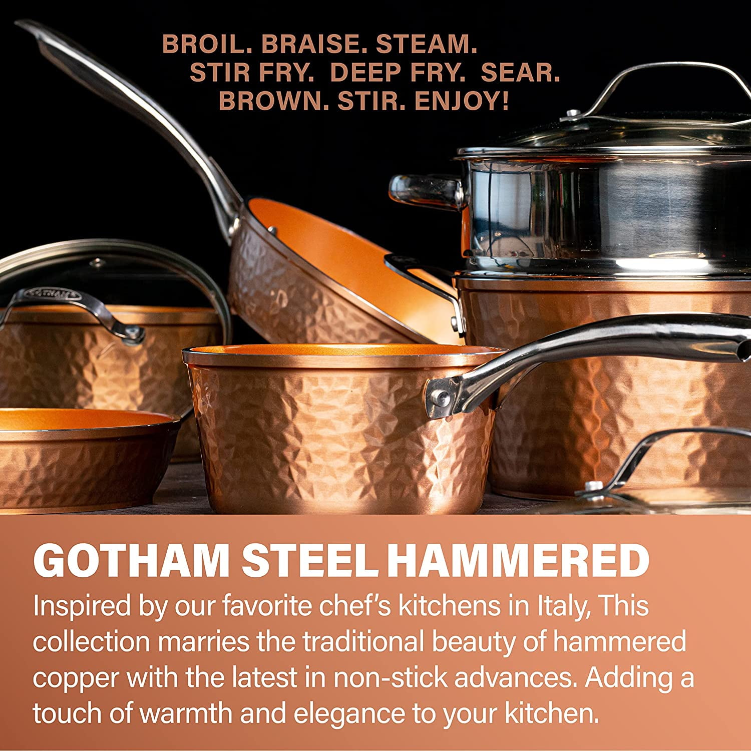 Gotham Steel Hammered Frying Pan Set, 3 Piece Nonstick Copper Fry Pans, 8”, 10” & 12” Skillet, Omelet Pan,  Dishwasher Safe, Cool Touch Handle