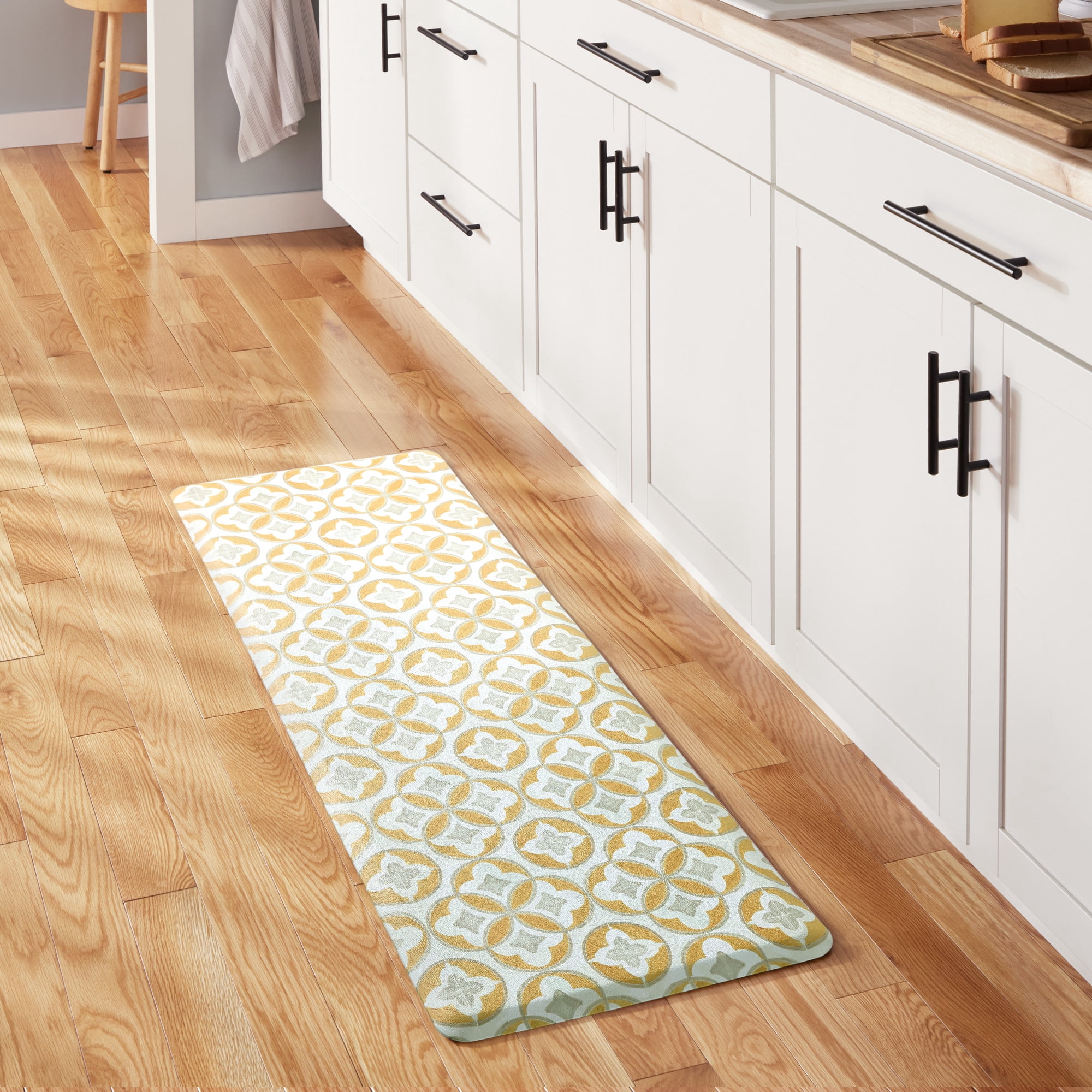 FIESTA Mali Tiles Geo Trellis Anti-Fatigue Comfort Kitchen Runner Mat, Non-Slip Floor Mat, Padded Standing Desk Mat, Yellow/Grey/White, 20"x55"