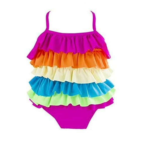 Kid Girls Cute Rainbow Ruffle Layer One-Piece Adjustable Straps Swimsuit Beach Bathing Suit