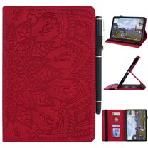 SaniMore Wallet Case for Amazon Fire Max 11 11.0" Released 2023, PU Leather Case with Embossed Sunflower Shockproof TPU Shell Card/Pen Holder Hand Rope Anti-slip Kikstand Tablet Cover, Red