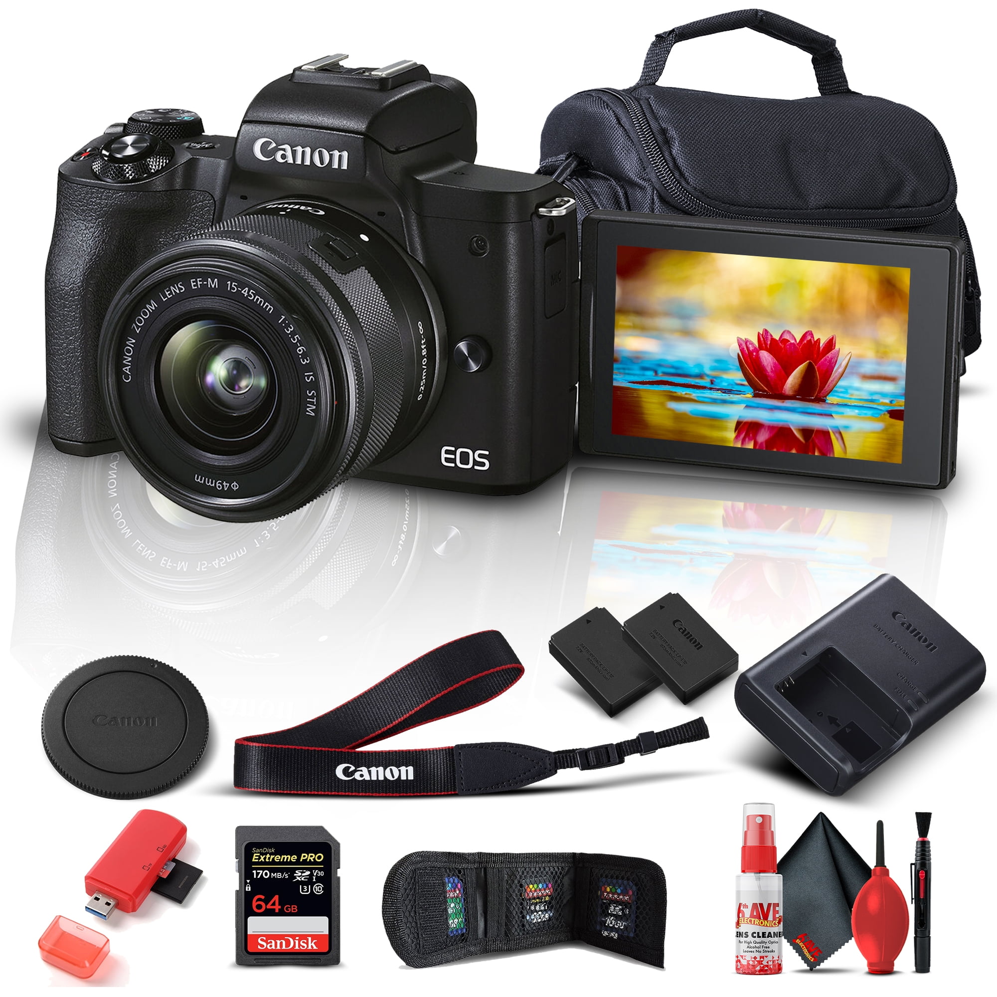 Canon EOS M50 Mark II Mirrorless Digital Camera with 15-45mm Lens (Black) (4728C006) + 64GB Pro Card + Extra LPE12 + Case + Card Reader Deluxe Cleaning Set + Memory Wallet + More - Walmart.com