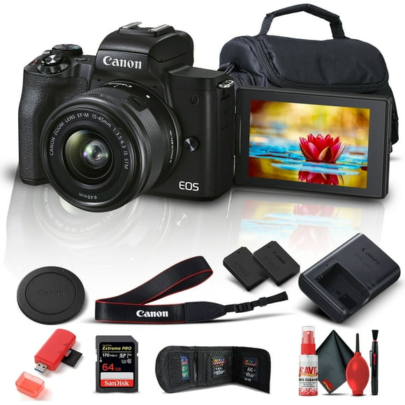 Canon EOS M50 Mark II Mirrorless Digital Camera with 15-45mm Lens (Black) (4728C006) + 64GB Extreme Pro Card + LPE12 Battery + Case + More (Renewed)(International Model)