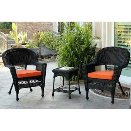 Jeco W00207 2-CES016 3 Piece Black Wicker Chair And End Table Set With Orange Cushion