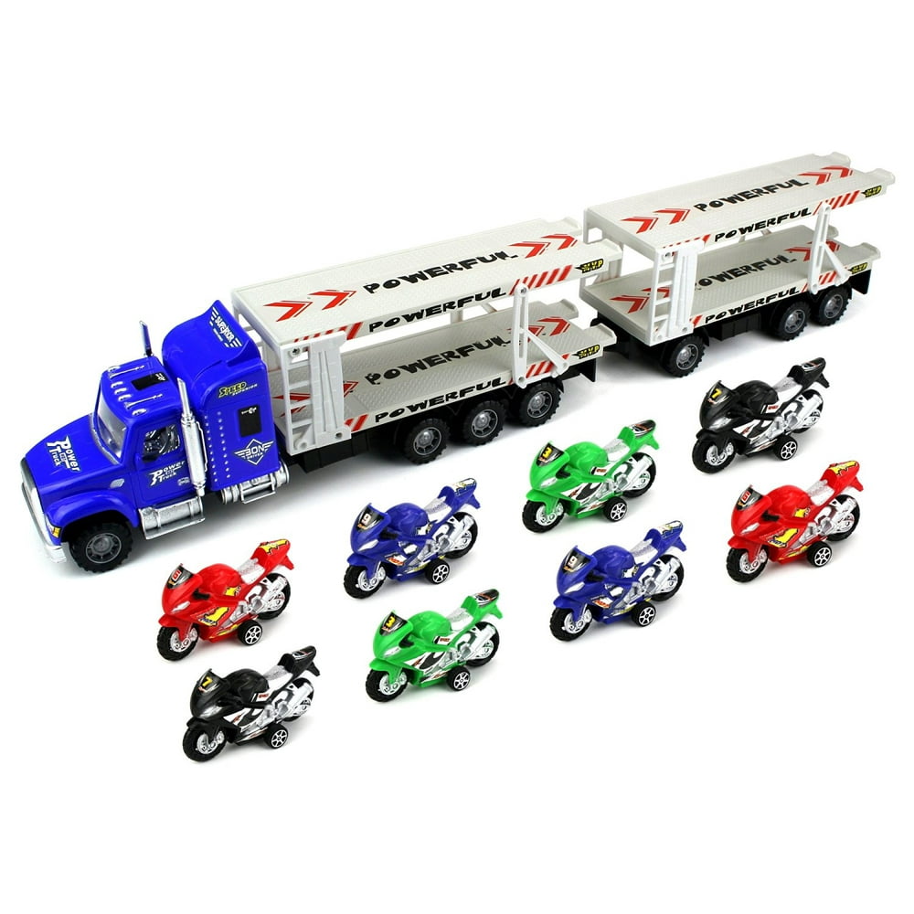 Race Motorcycle Trailer Children's Friction Toy Transporter Truck Ready