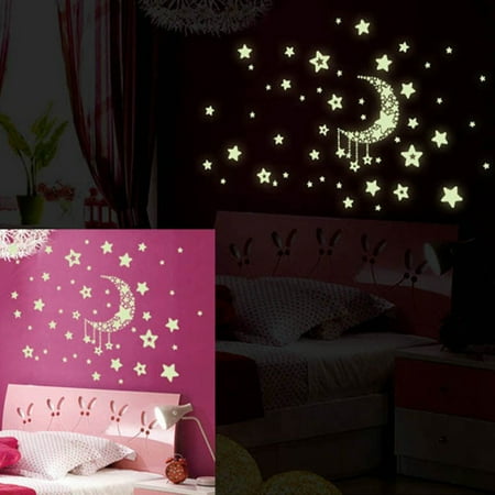 Decor Stars Wall Sticker, Justdolife Glow in the Dark Moon Star Wall Decal Removable Wall Art Home Decor Quotes for Kids Girls Living Room Bedroom (11.69*8.27in) ()