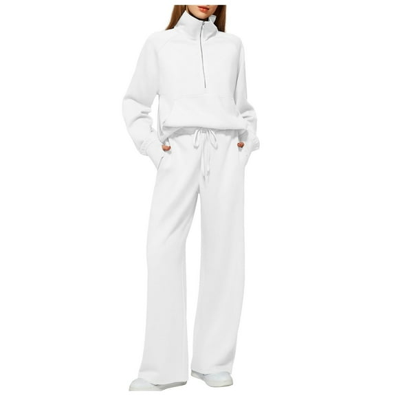 felwors Women's 2 Piece Outfits Lounge Set 2025 Oversized Half Zip Sweatshirt Wide Leg Sweatpant Set Sweatsuit Tracksuit White, M