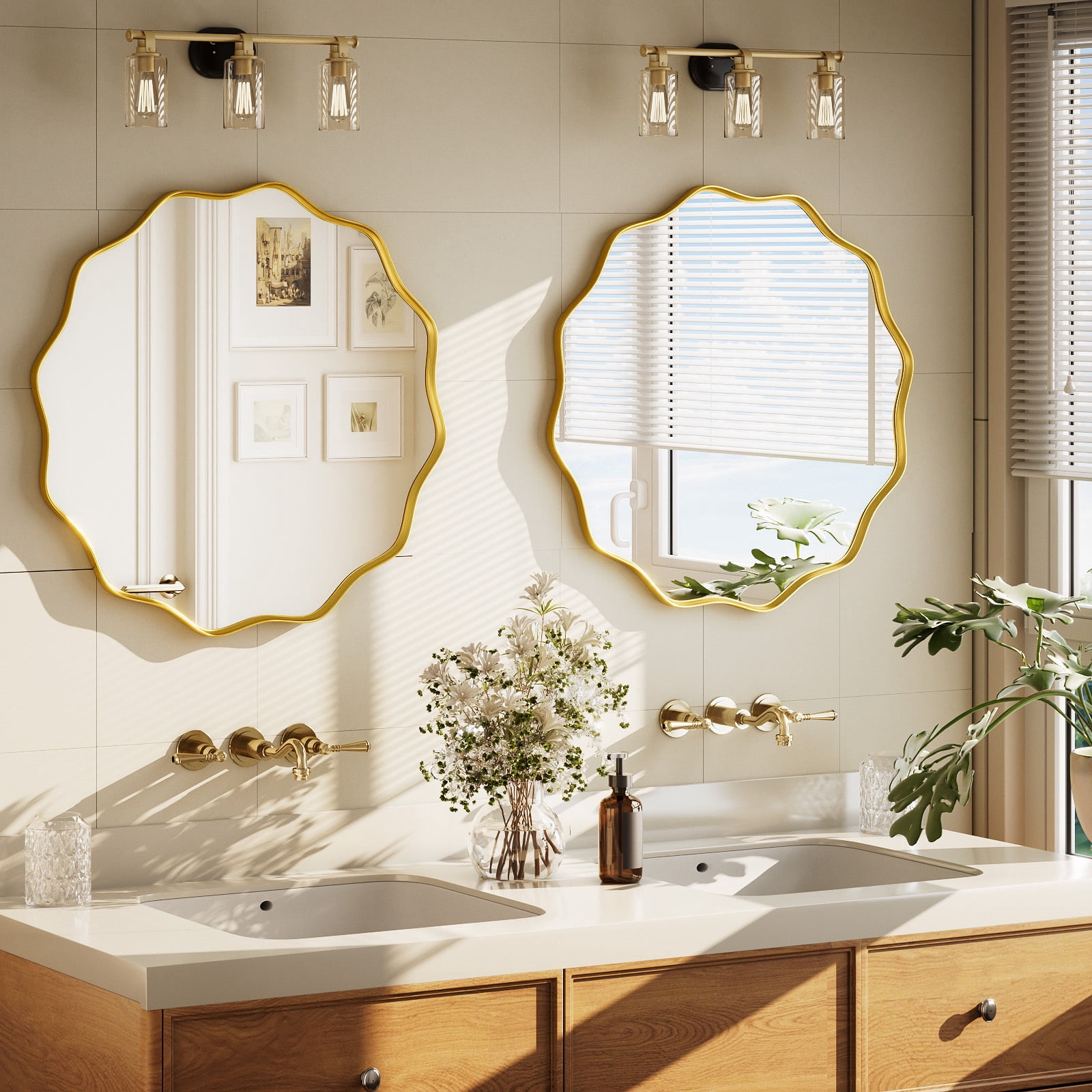 Easy4Home 24.2" Wavy Round Bathroom Mirror Wall Mounted Decorative Mirror With Deep Frame, Gold