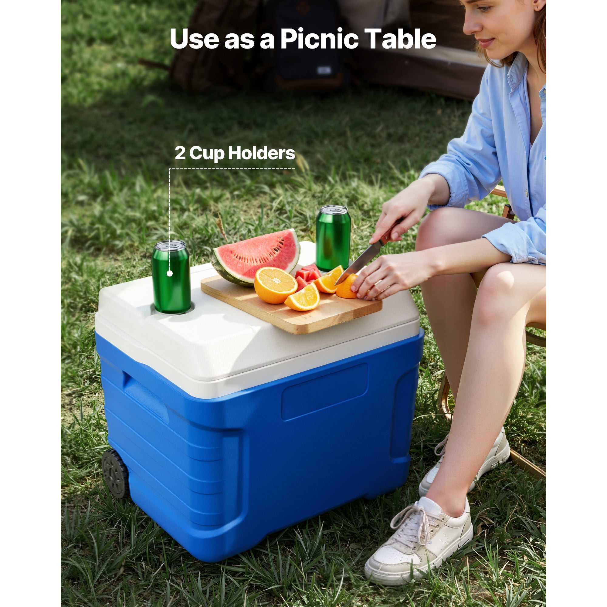 KFFKFF 45QT Portable Rolling Cooler with Wheels, Insulated Ice Chest for 48-Hour Cooling, Lightweight and Leak-Resistant Design for Outdoor Activities, Picnics, Camping, and Grilling