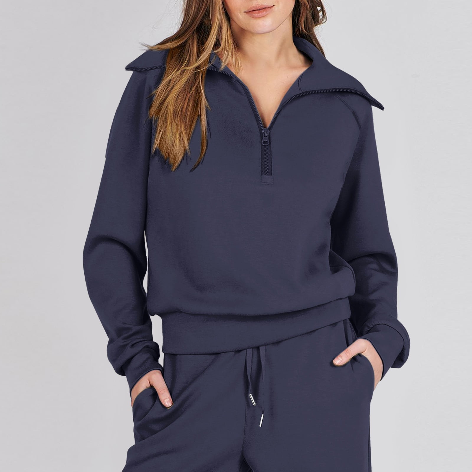 CILENON Sweat Suit Women Two Piece Outfits Sweatsuit Set Quarter Zip Sweatshirt Wide Leg Sweatpant Fall Set Tracksuit Matching Sets Women Clothing Athleisure Sets Women (Navy Blue,XXL)