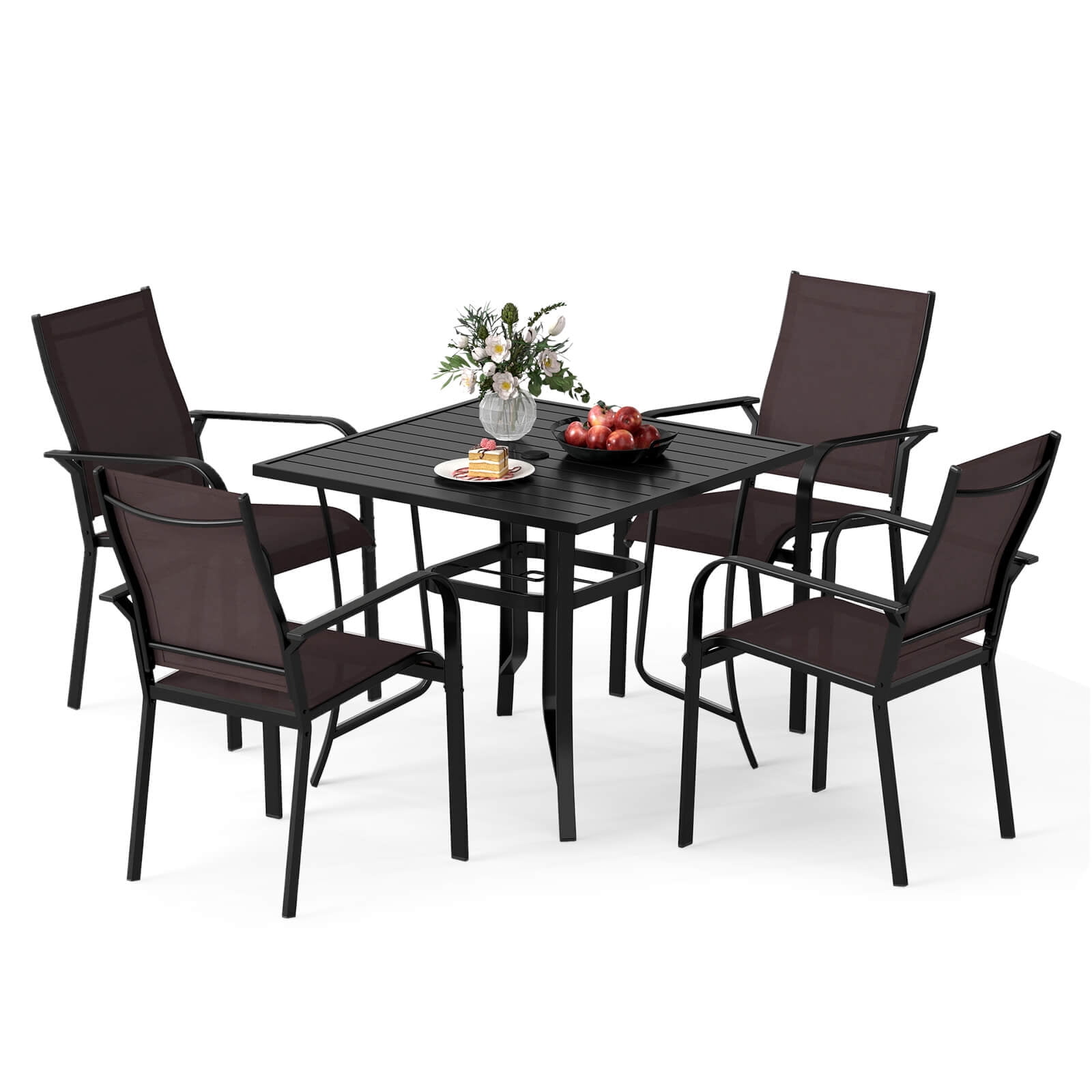 Costway 5 PCS Patio Furniture Dining Set, Outdoor Square Table & Stackable Chairs with Umbrella Hole Black and Coffee