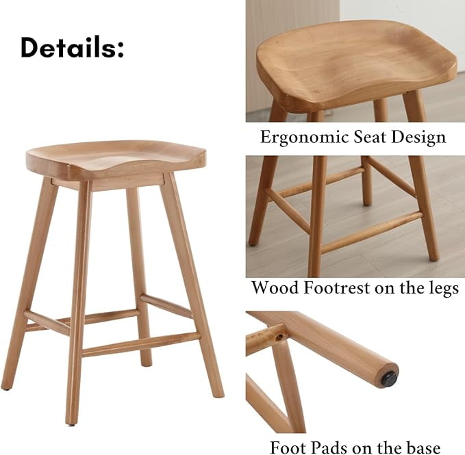 Guyou Backless Counter Stools Set of 2, 24 Inch Rustic Farmhouse Wooden Saddle Stools, Bar Stools for Kitchen Island Bar Bistro, Brown