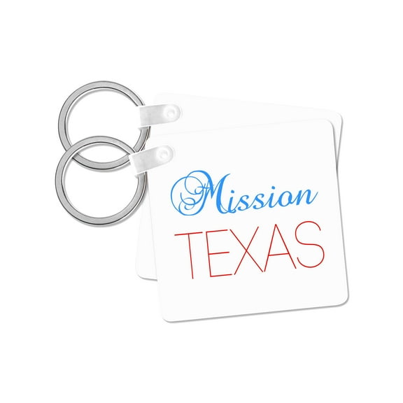 3dRose, Mission, Texas, red, blue text. Patriotic home town design, set of 2 Key Chains