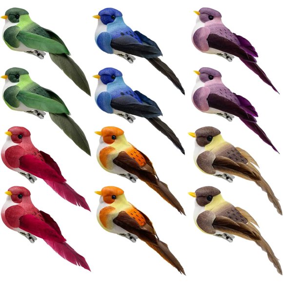 12pcs Clip on Artificial Birds for Decoration, 3.5-Inch Colorful Foam Feather Sparrow Bird Ornaments for Wreath Crafts Spring Tree Decoration Flower Arrangements