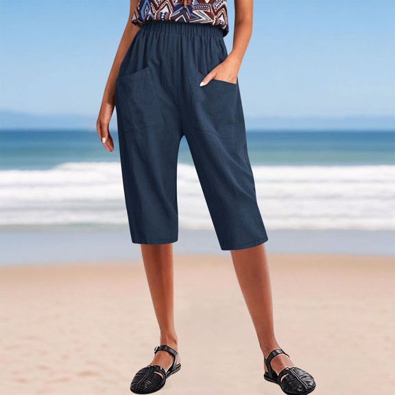 Ndbuld Women's Cargo Capris Pants with 6 Pockets Women Casual Cotton And Linen Solid Color Elastic Waist Pocket High Waisted Cropped Pants Holiday Gift FinderNavyM