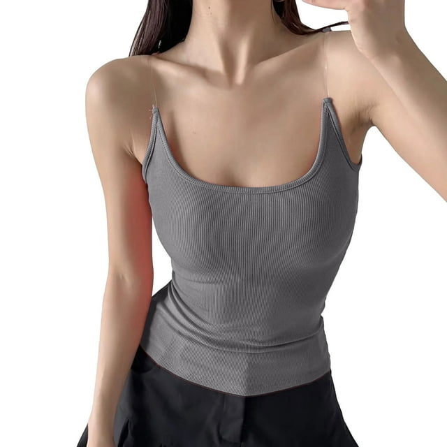 Camiseta sexy sin mangas con tirantes para mujer - Top corto ajustado con relleno extraíble, sujetador deportivo sin costuras para yoga