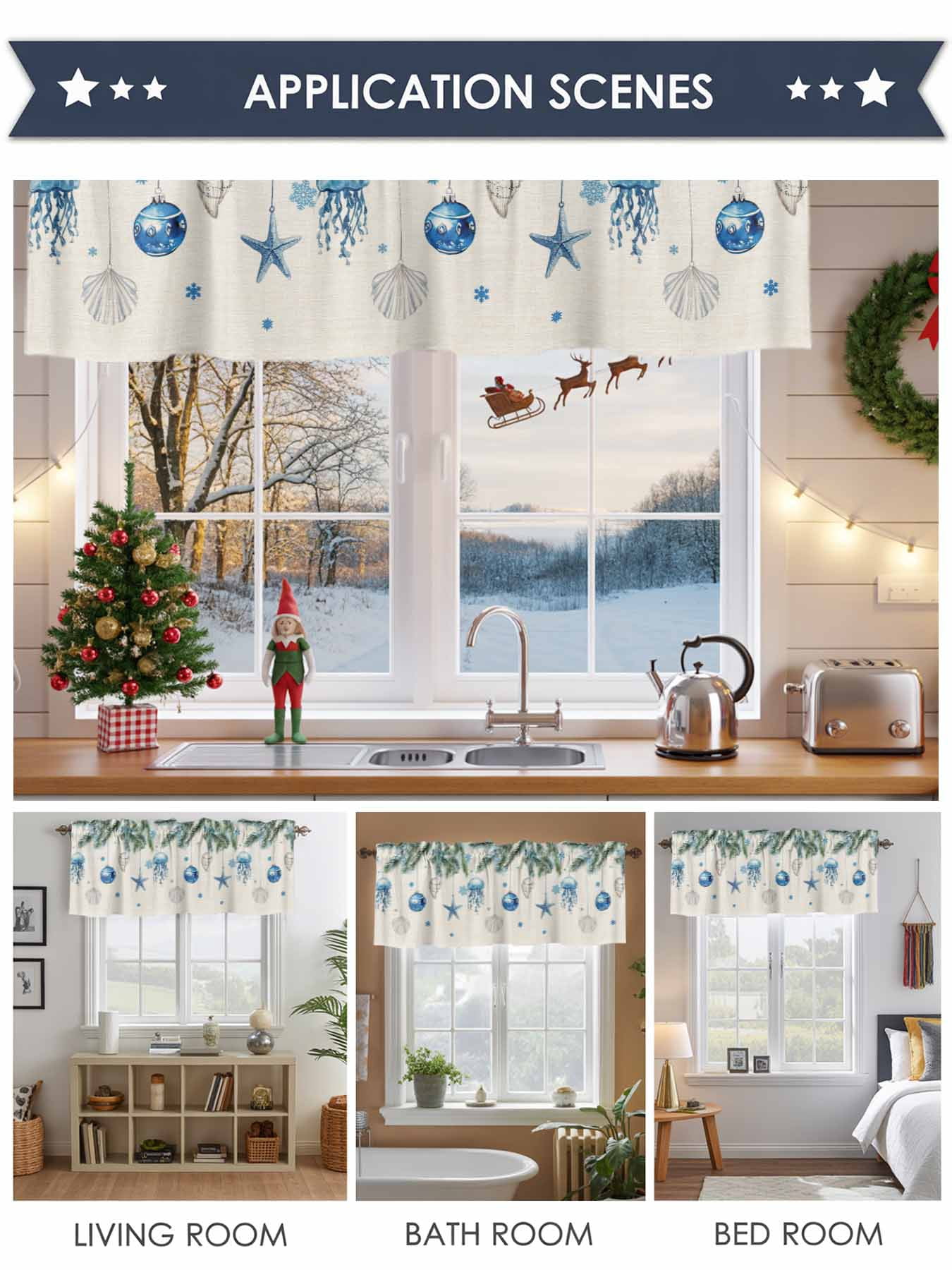 Christmas Bell Starfish Shells Pine Needles Valances for Windows,Kitchen Valance Rod Pocket Short Curtain,Xmas Snowflakes Retro Linen Valance Curtain Window Valances for Bedroom 54x18in