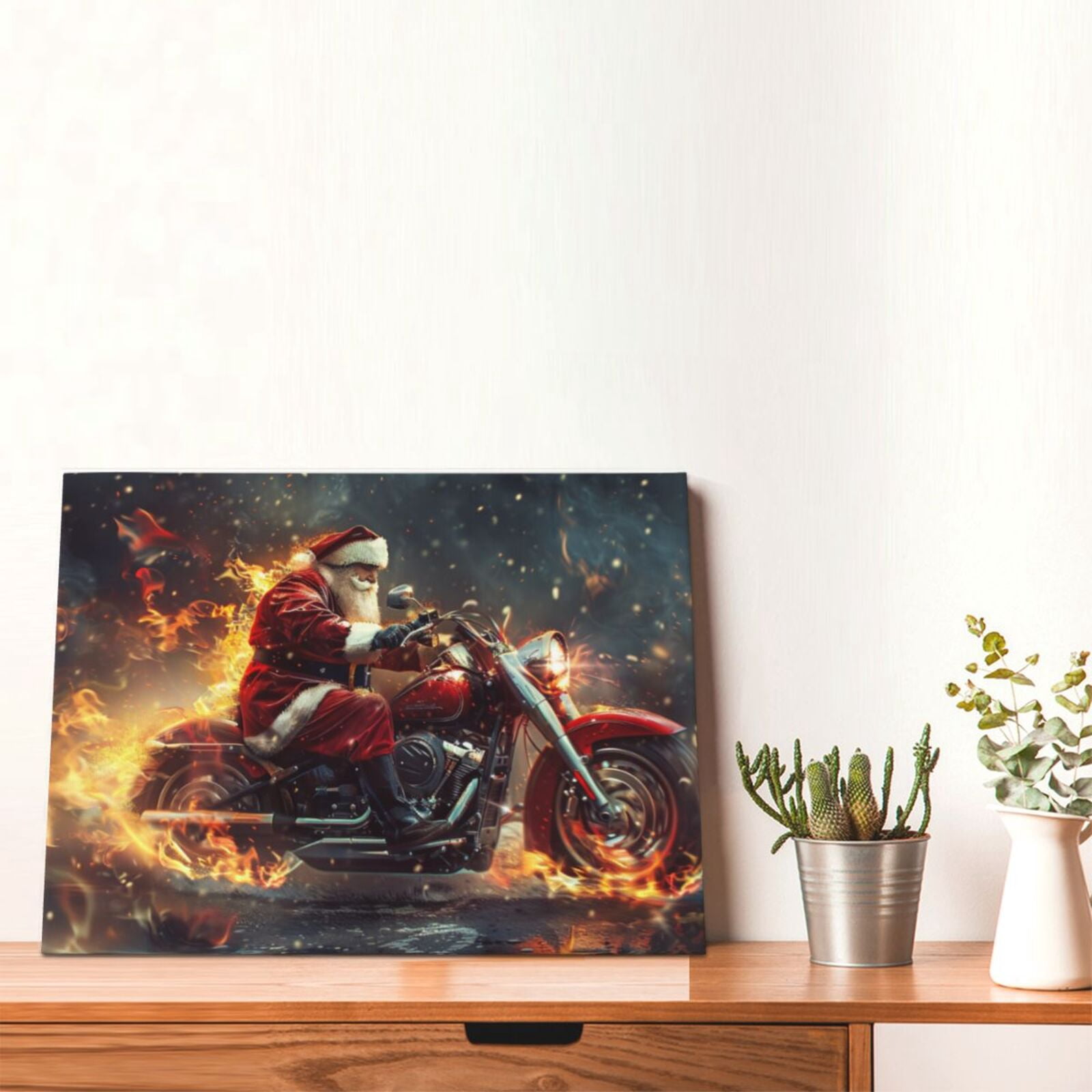 12x16 inch Santa Claus Rides A Flame Motorcycle Canvas Painting Wall Decor Prints,Bar,Garage,Book Room Wall Art Canvas Paintings Decor,Funny Santa Claus Festival Rides Decoration Picture Gift