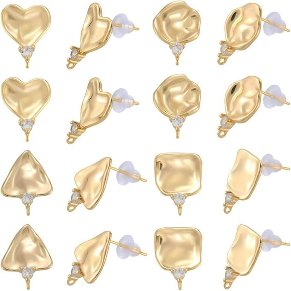 16Pcs 4 Styles Square Earring Posts Heart Earring Studs with Backs 18K Gold Plated Brass Hanging Cubic Zirconia Flat Round Triangle Ear Findings Accessories for Jewelry Making DIY Crafts