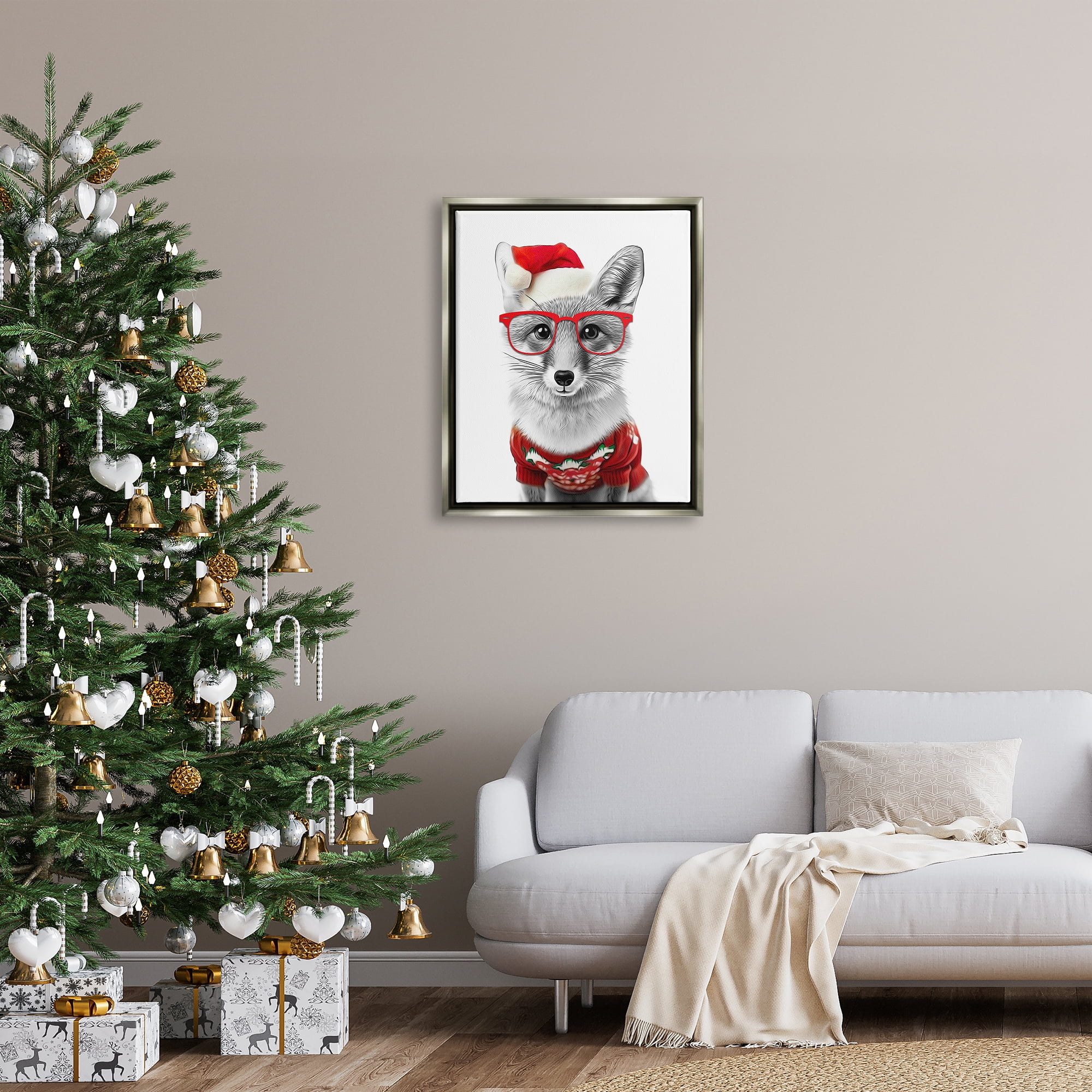 Stupell Industries Fox in Holiday Clothes Holiday Painting Gray Floater Framed Canvas Art Print Wall Art, 25 x 31
