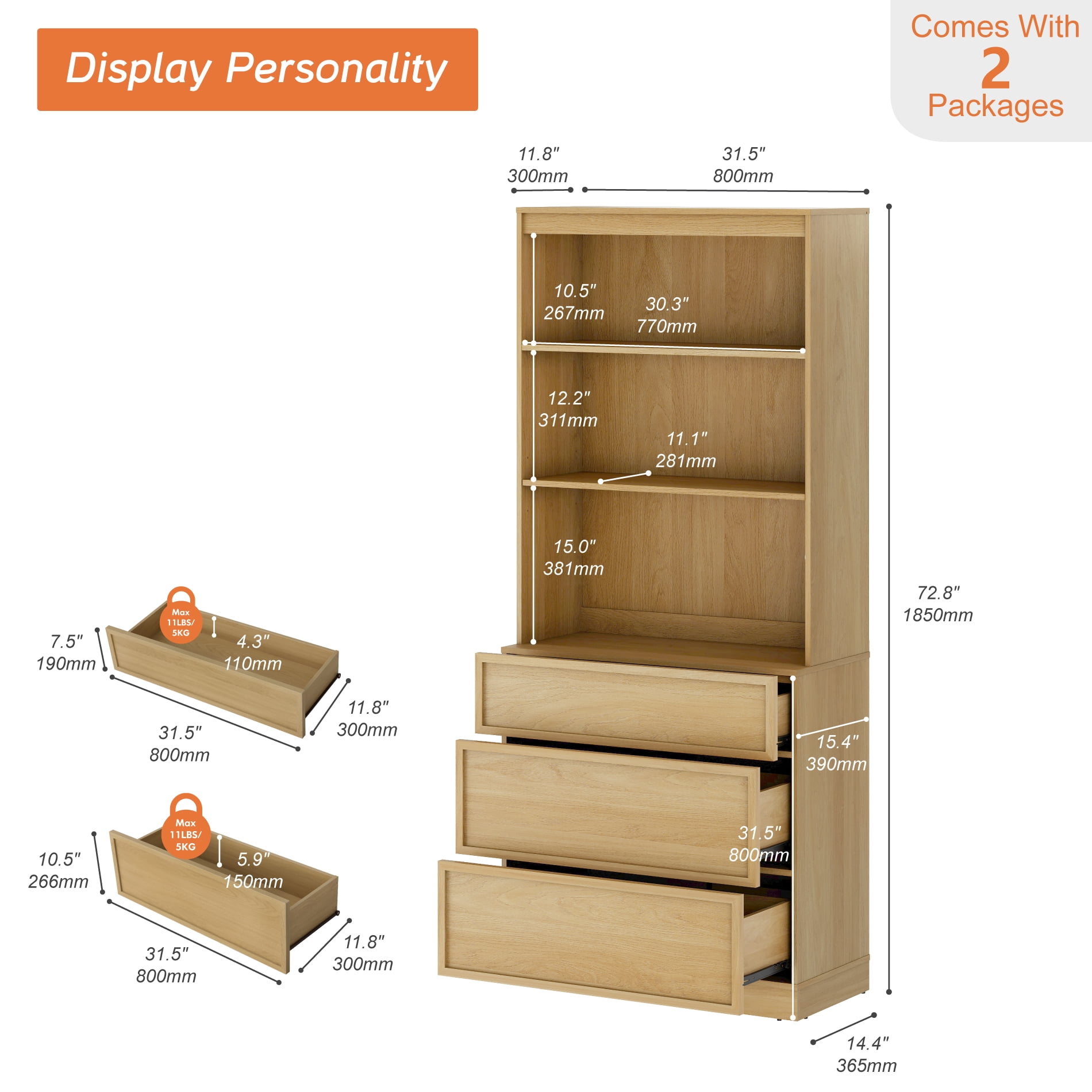 Modern 72" Tall 31.5" Wide Wood Sideboard Buffet with 3 Drawers & Open Shelves for Dining Kitchen,Oak