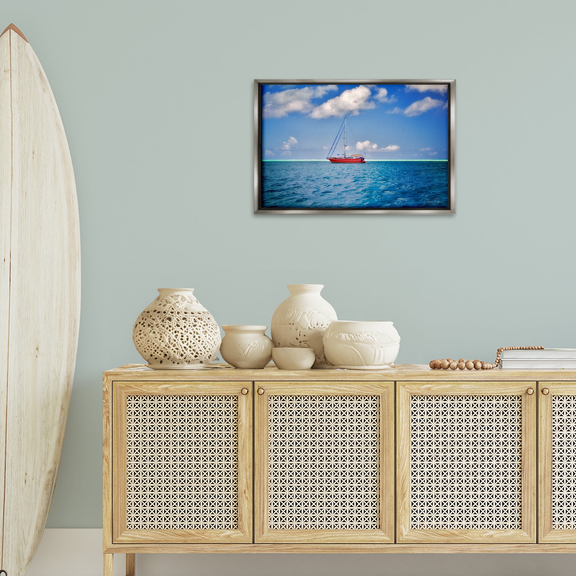 Stupell Industries Ship & Cloudy Sea Nautical & Beach Photography Gray Floater Framed Canvas Art Print Wall Art, 25 x 17