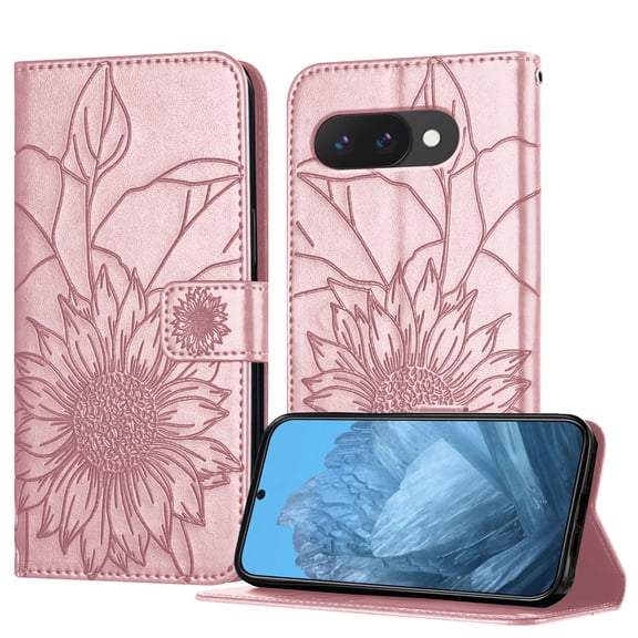 Luxury Embossed Floral Wallet Case for Google Pixel 9a, PU Leather TPU Flip Cover with Card Slots Kickstand Magnetic Closure Shockproof Full Body Protection for Women & Girls, Rosegold