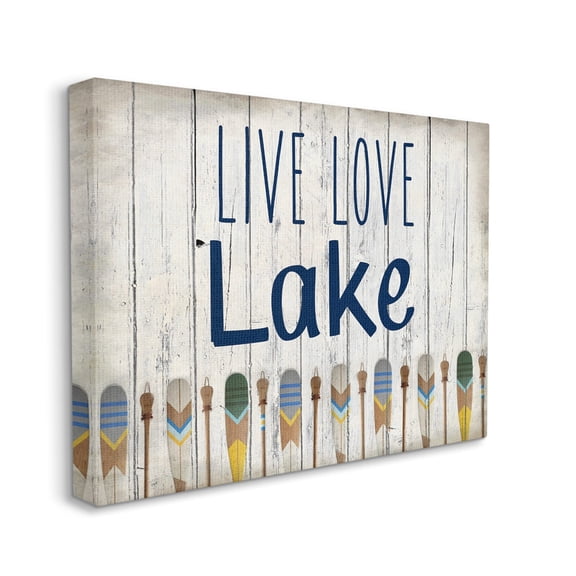 Stupell Industries Live Love Lake Phrase Boating Blue Yellow Paddles Word Design Canvas Wall Art Design by Kim Allen, 16" x 20"
