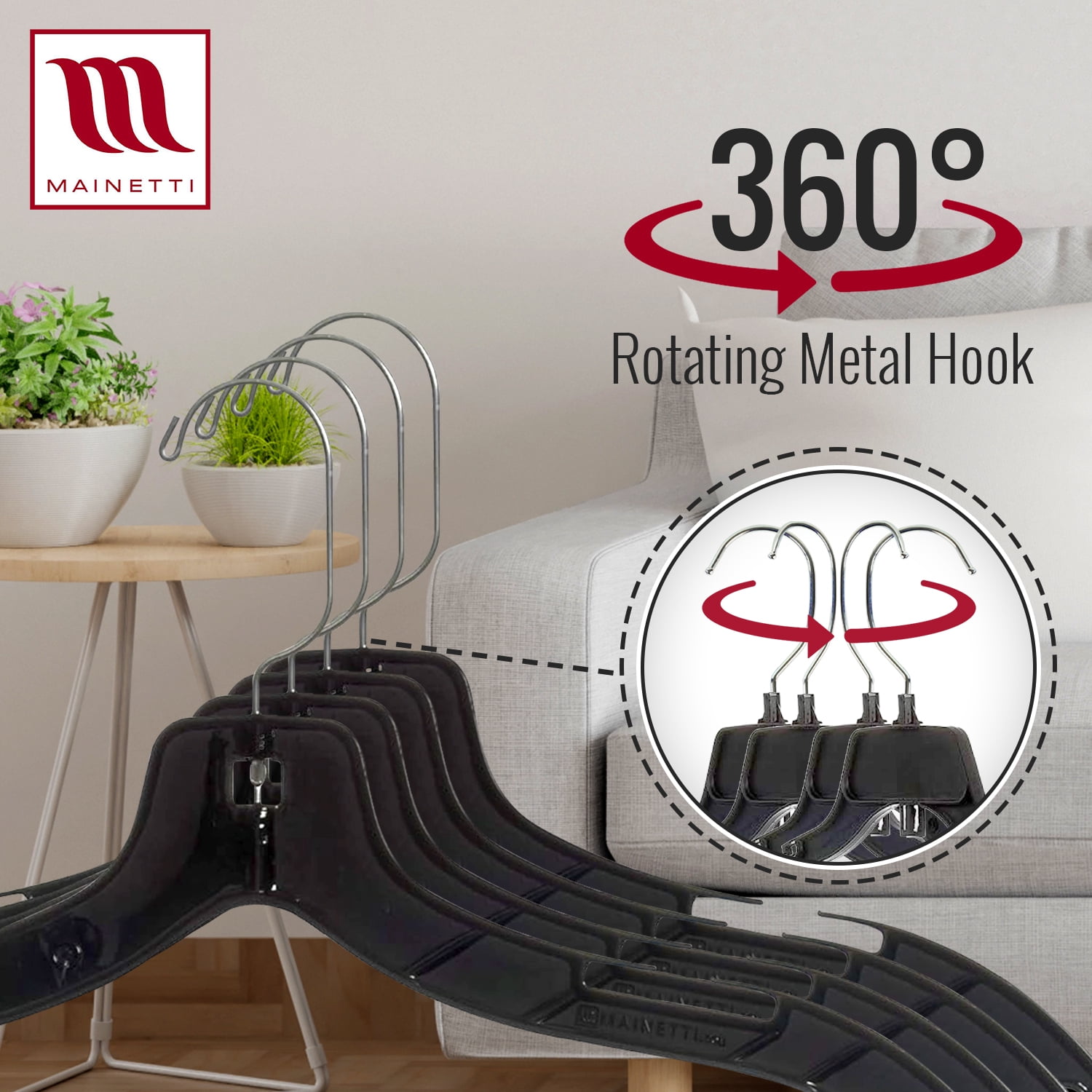 Mainetti 5400 Black Plastic Hangers With 360 Swivel Metal Hook And Notches For Straps, Great For Shirts/Tops/Dresses/Jackets, 17-Inch (Value Pack Of 100)