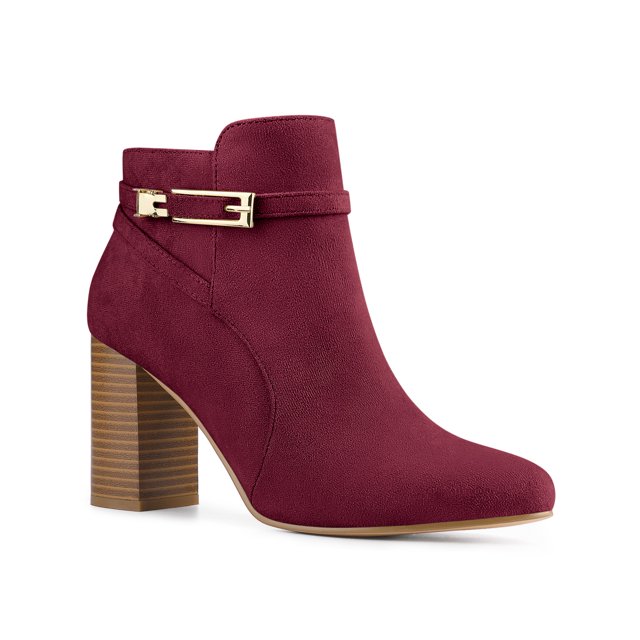 Unique Bargains Bottines à Talon Épais à Bout Rond avec Boucle pour Femme Bourgogne (Taille 9)