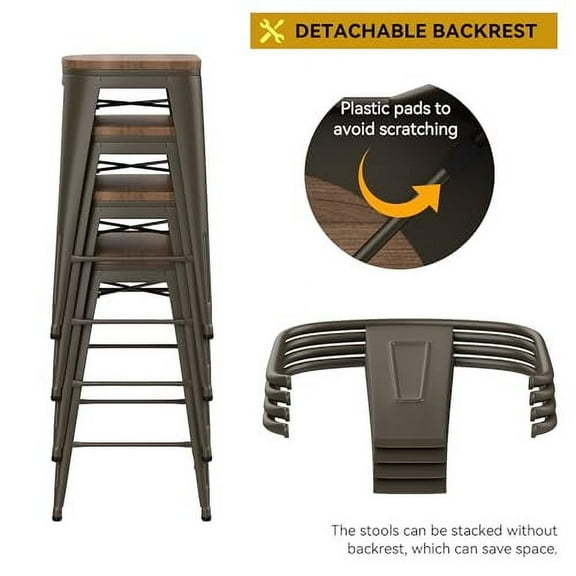 HAOBO Home 30" High Back Barstools Metal Stool with Wooden Seat [Set of 4] Counter Height Bar Stools, Bronze