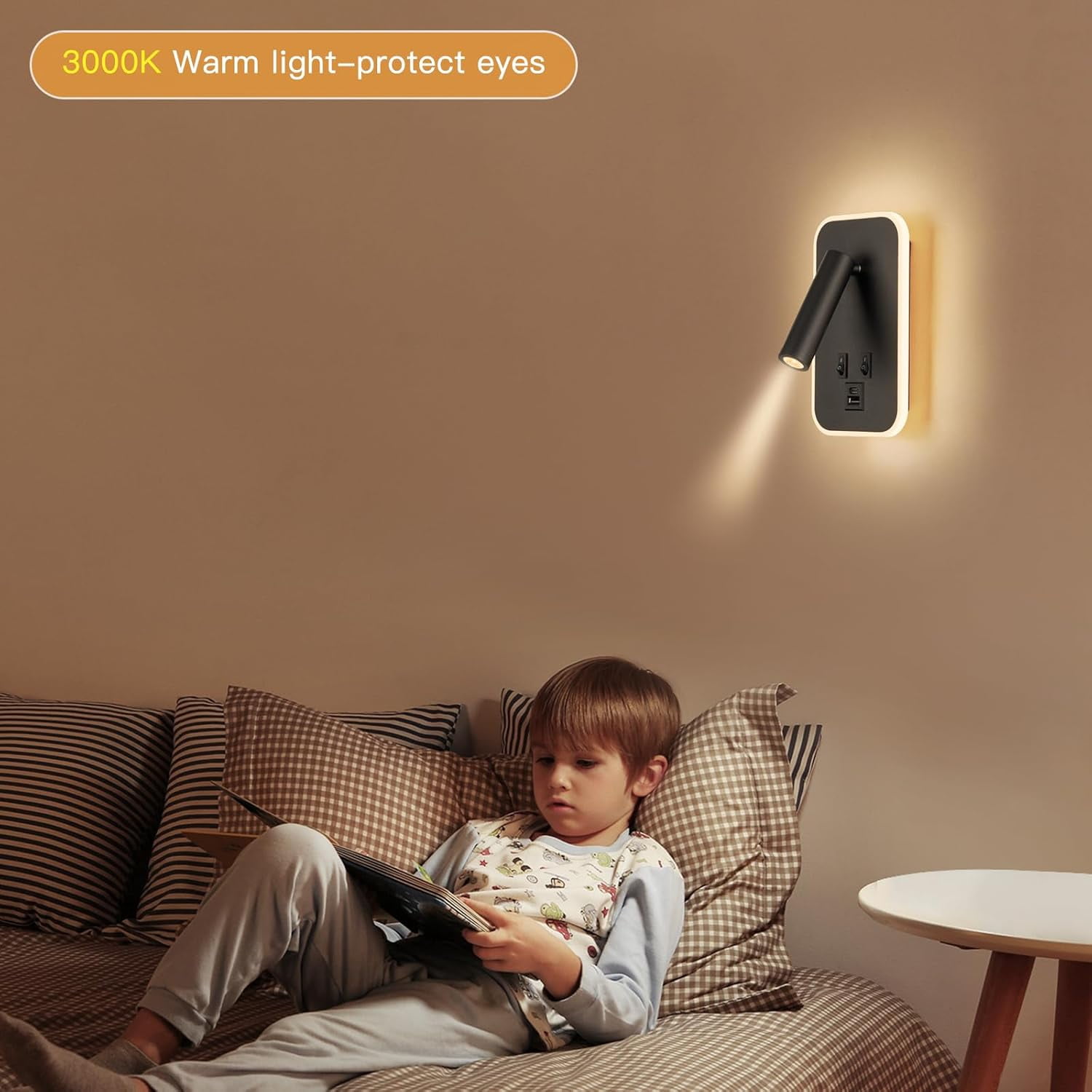 Wall Mounted Bedside Reading Light with 10W+3W Adjustable Headboard Lamp, USB-C+A Ports, Hardwired Plug-in Wall Sconce, 3000K Warm White, Black Finish