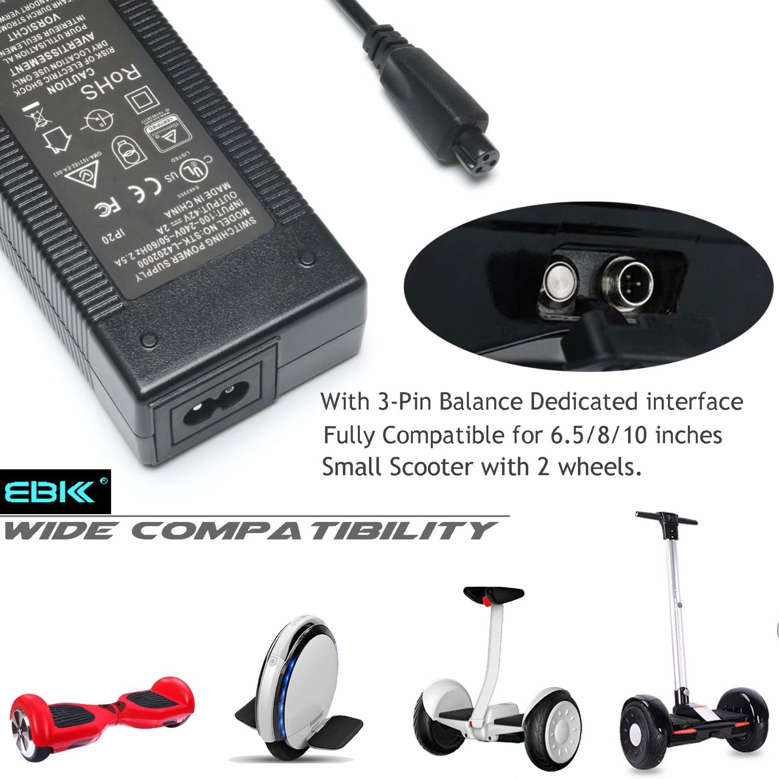 Scooter Charger 3 PINS Hoverboard Power Adapter 42V2A 2 Wheels Self Balancing 