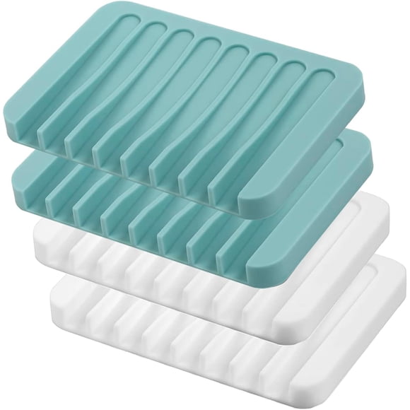4 Pcs Porte-Savons Auto-Drainants en Silicone Premium, Économiseurs de Savon en Cascade pour Salle de Bain, Cuisine et Baignoire - Prolonge la Durée de Vie du Savon, Facile à Nettoyer (Blanc et Sarcelle)