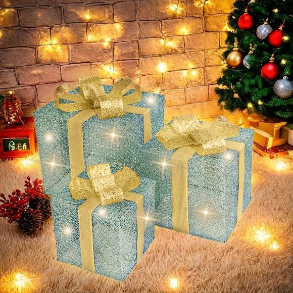 Vaidha Set of 3 LED Light Up Christmas Gift Boxes | Outdoor Holiday Decorations | Silver Red Blue Metal Present Boxes | Battery Powered Yard Decor