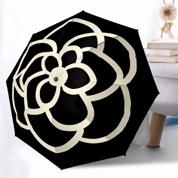 Minimalist CamelliaCartoon Print Automatic Folding Umbrella, Portable 8-Rib Windproof Rain Umbrella for Outdoor, Travel, and Daily Use