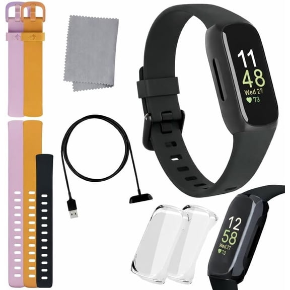 Fitbit Inspire 3 Health & Fitness Tracker Bundle - with Stress Management, Workout Intensity, Sleep Tracking, 24/7 Heart 2 Silicone Bands, 2 Screen Protectors, Cleaning Cloth & Fast Charger