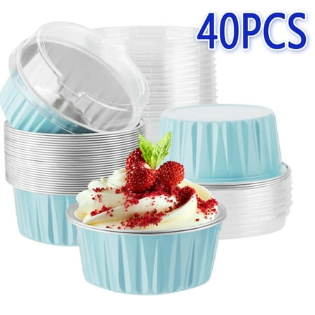 

40 Pcs 5Oz Baking Cups With Lids Foil Cupcake Liners Muffin Tins Disposable Ramekins Pans Muffin Cups Jumbo Cupcake Wrappers Holders for Wedding Party(Blue)