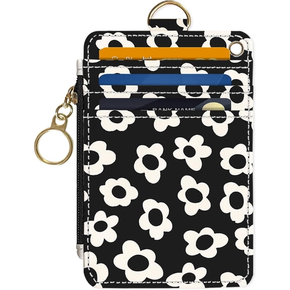 Slim Wallet Credit Card Holder, Black and White Flowers, RFID Wallet Women Cute Small Front Pocket Wallet With Zipper, PU Leather Thin travel RFID Blocking Card Case ID Window,Ladies Gifts