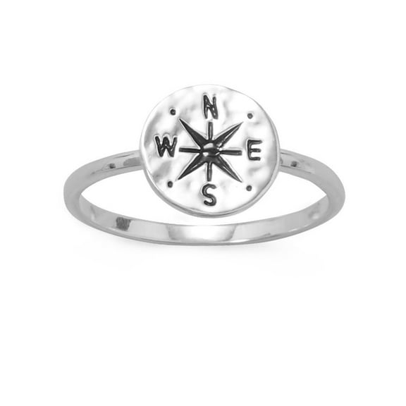 Nautical Compass Ring Hammered Finish Disk Sterling Silver
