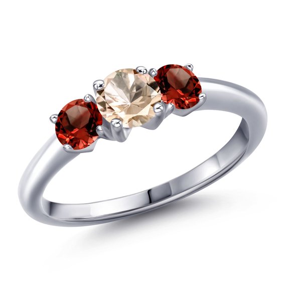 Gem Stone King 925 Sterling Silver Peach Morganite and Red Garnet Engagement Ring for Women | 1.14 Cttw | Round 5MM | Gemstone October Birthstone | Size 7