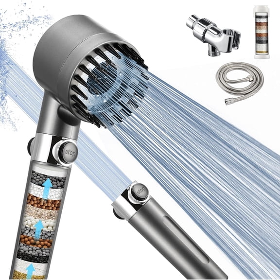 Fitered Shower Head with Handheld for Hard Water, High Pressure Handheld Shower Heads with On Off Switch, Showerhead with Long Hose(Gun Grey,2 Filters)