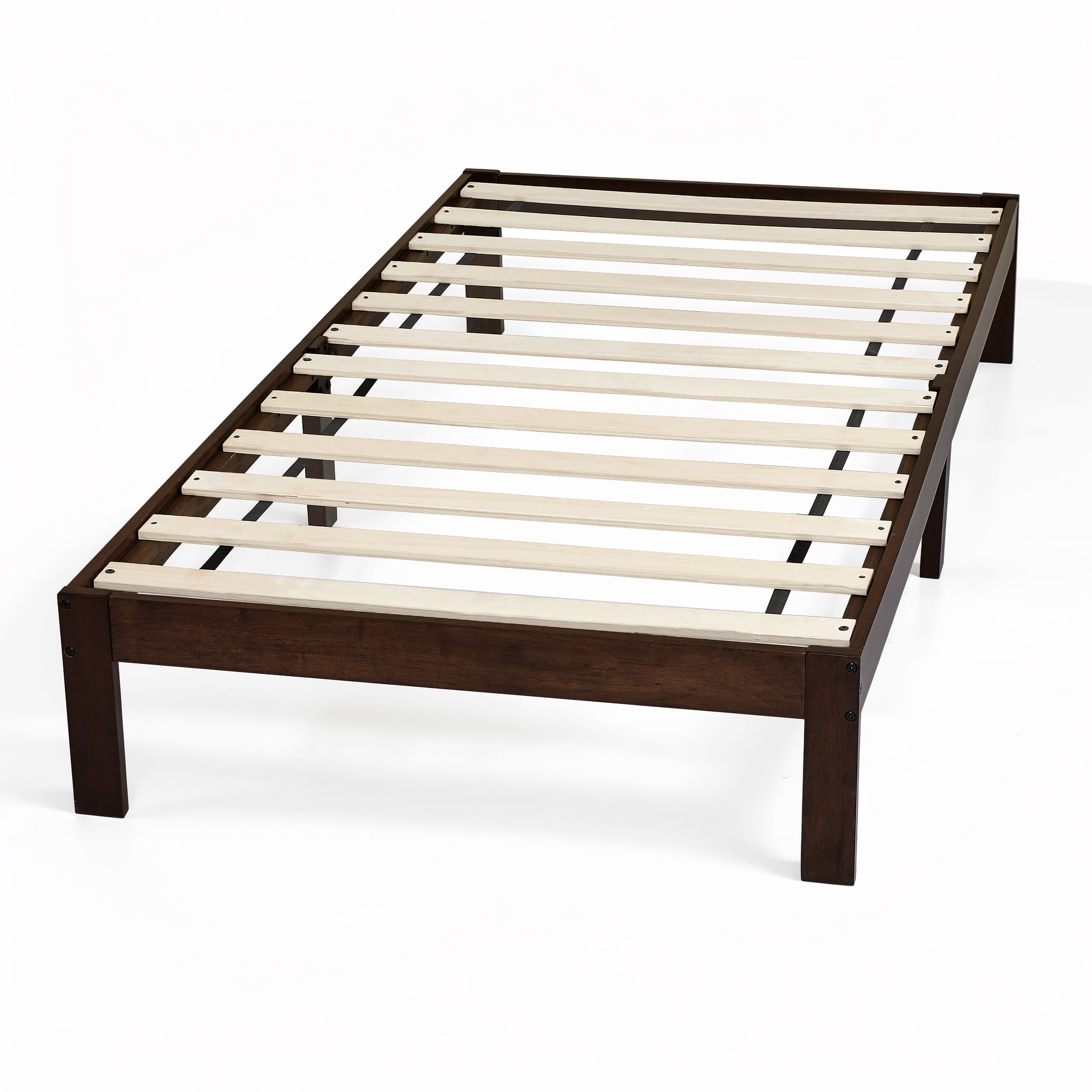 Twin Size Bed Frame, Solid Wood Platform with Wood Slat Support,No Box Spring Needed, Dark Walnut