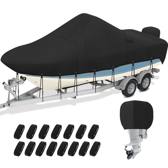 SHELTUSE 1200D Universal Boat Cover-20'-22'L Heavy Duty Boat Cover with Motor Cover, Waterproof V-Hull Pro-Style Bass Boat Cover, Trailerable Center Console Boat Cover, Beam Width: up to 106'', Black