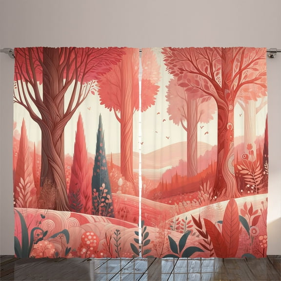 Ambesonne Woodland Curtains 2 Panel Set, Forest Warm Happy Colors, 108" x 84", Coral Dark Slate Blue