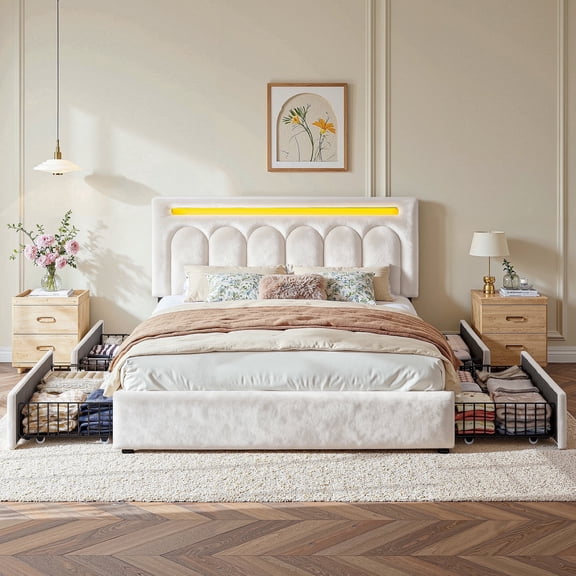 EnHomee Upholstered Bed Frame with 4 Storage Drawers Queen Size Bed Frame with LED Light,Beige