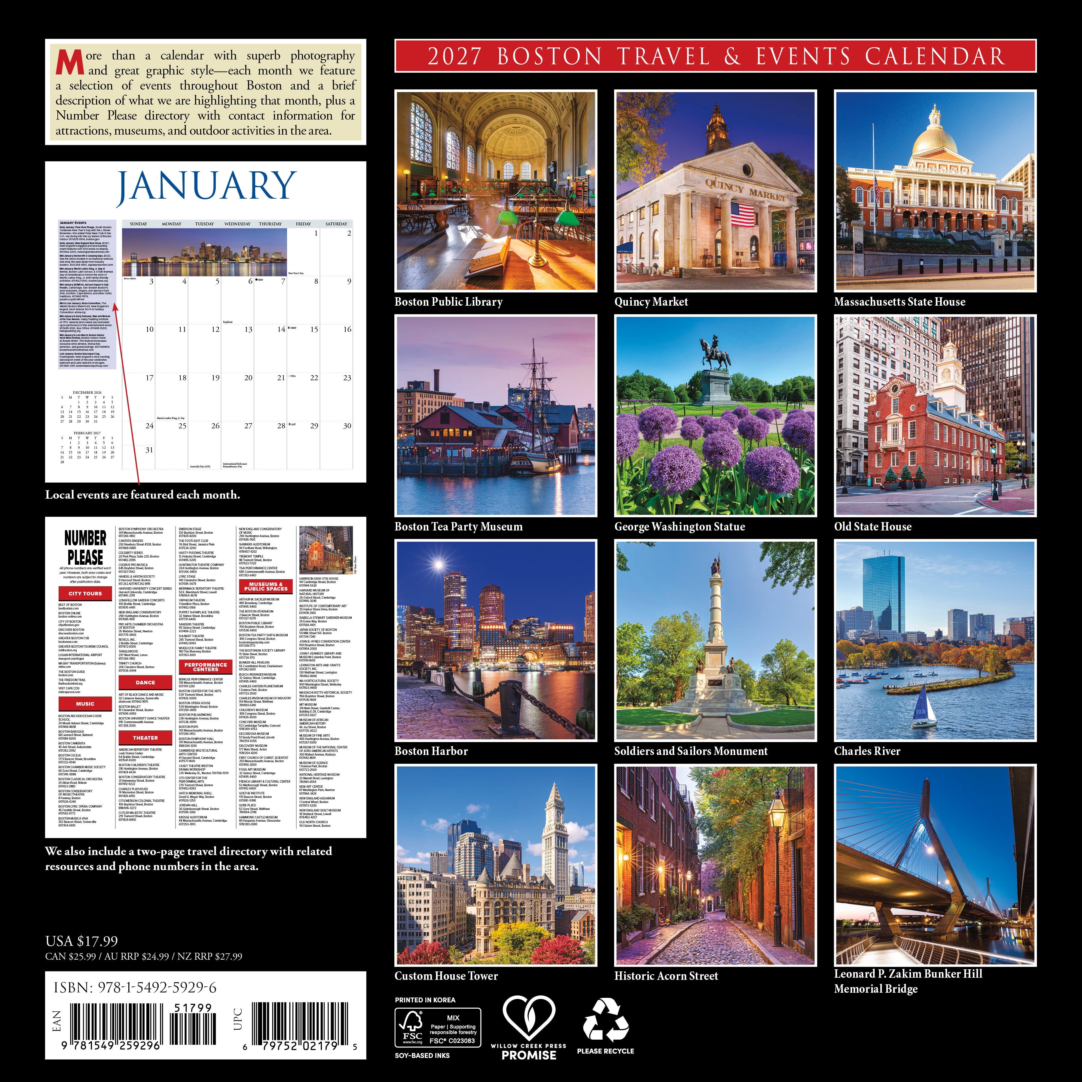 Willow Creek Press, Boston 2027 Wall Calendar