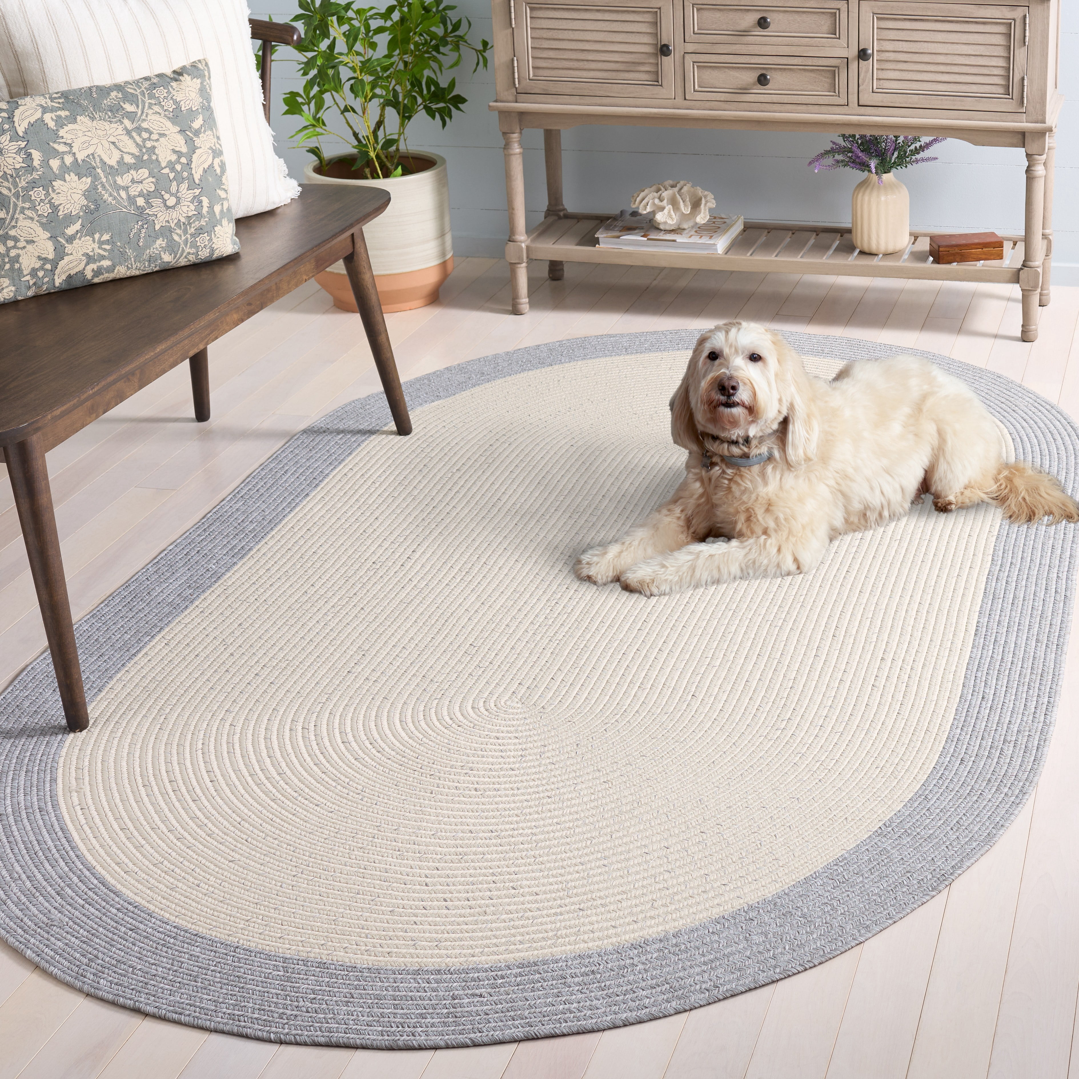 Safavieh Braided Victor Bordered Machine Washable Reversible Area Rug, Ivory/Gray, 5' x 8' Oval