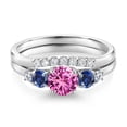 thumbnail image 3 of Gem Stone King 10K White Gold Pink Created Sapphire Blue Created Sapphire and White Lab Grown Diamond 5 Stone Bridal Engagement Wedding Ring Set for Women (0.94 Cttw, Round: 5MM and 3MM, Size 9), 3 of 6